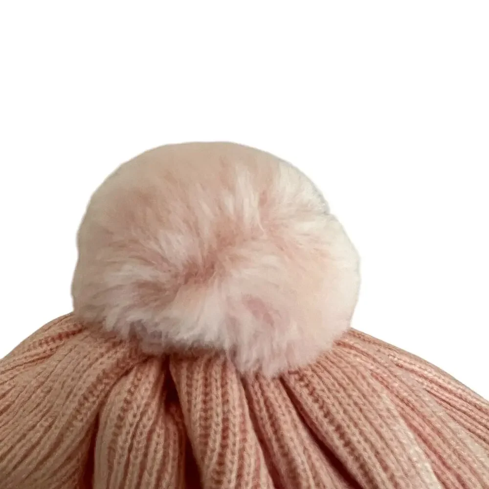 Janie and Jack Pink Ribbed Hat With Faux Fur Pom Pom Girls Size 6-8